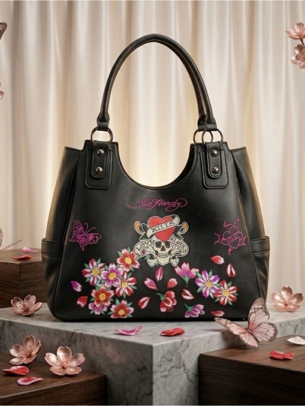 Ed Hardy Y2K Cyber Grunge Tattoo Style "Love Kills Slowly" Satchel Tote NWT